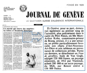 Au sujet d'un Van Gogh, d'un Vlaminck cézanien et d'un Renoir que Maître Kohn venait de vendre à Genève dans Le Journal de Genève, n° 298