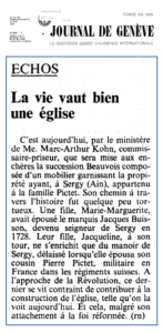 A propos de la prestigieuse Succession Beauvois présentée dans l'Ain sous le ministère de Maître Kohn dans Le Journal de Genève, n° 101