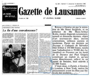 Au sujet des exploits de Maître Kohn concernant la vente d'un Paul Guigou, d'un Steinlein et d'un Dalì à Genève dans La Gazette de Lausanne, n° 289