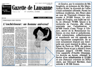 Quand Maître Kohn s'illustre dans la vente d'œuvres variées de la Renaissance à l'Orientalisme et de Vlaminck à Foujita dans La Gazette de Lausanne, n° 247