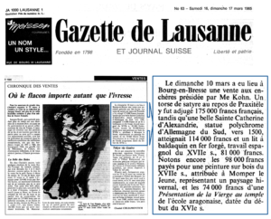 Par-delà les frontières, Maître Kohn est observé et ses ventes d'art ancien remarquées dans La Gazette de Lausanne, n° 63